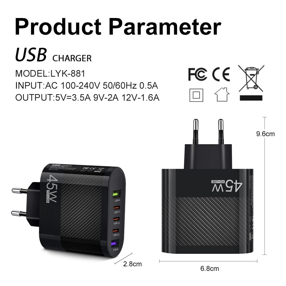 45W 5Ports USB Charger PD Charging Adapter For Xiaomi iPhone 15 14 13 Samsung Mobile Phone Plug Quick Charge QC 3.0 Wall Charge