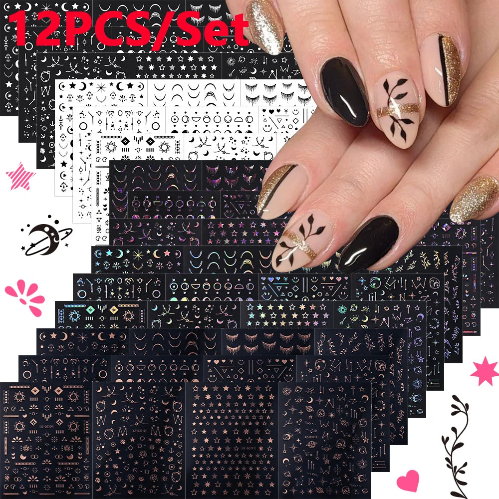 12Pcs Gold/Silver Tasse/Line/Star/Moon 3D Nail Art Stickers Leaf/Geometric Design Self-adhesive Sliders Luxury Manicure Decals