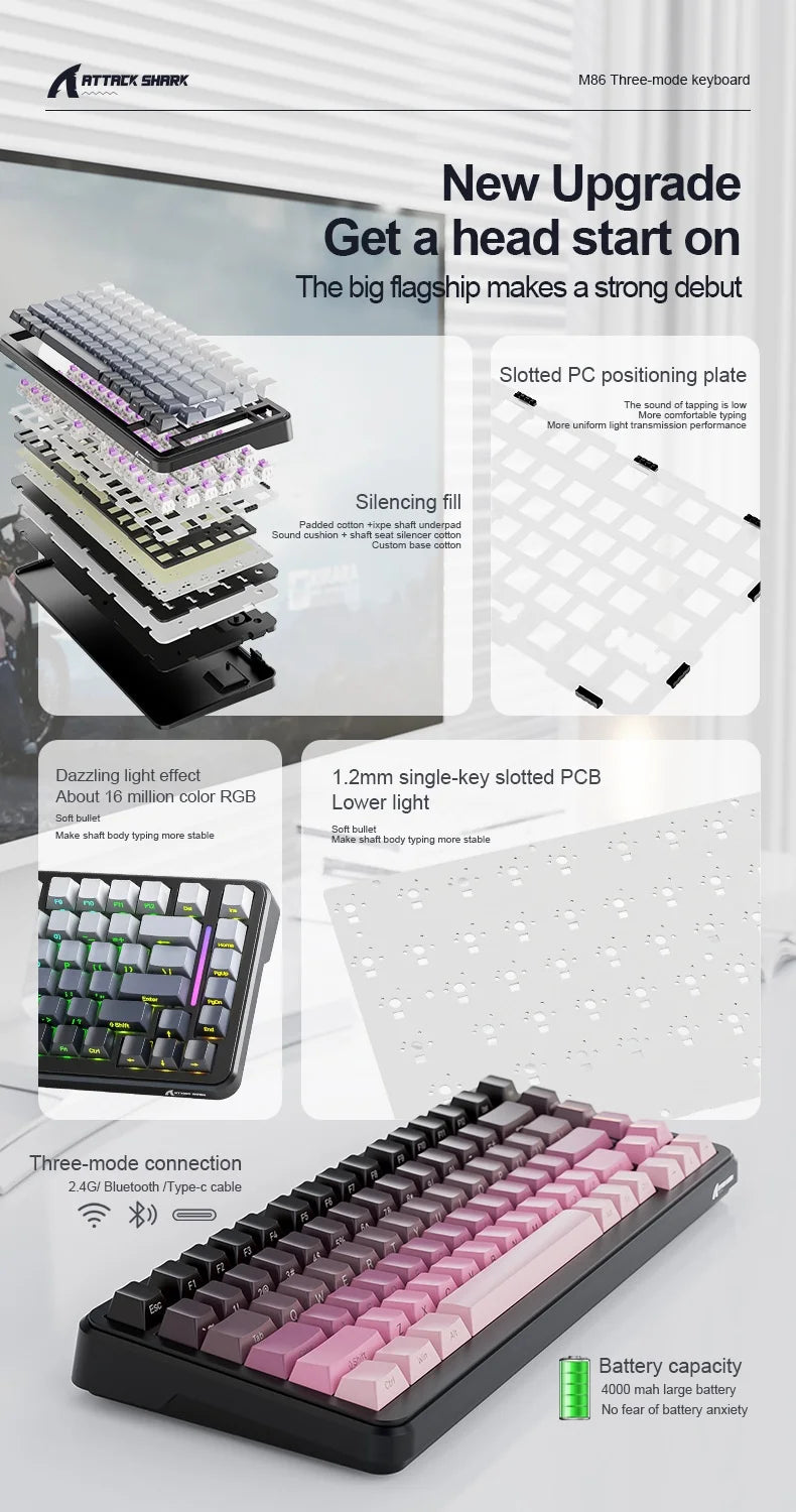 Attack Shark M86rgb Three-Mode Wireless Bluetooth Hot Plug Engraving Mechanical Keyboard Blueberry Axis Surprise Gift