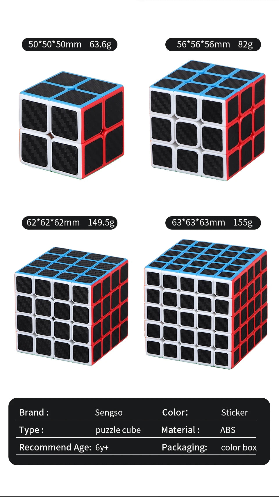 SENGSO Speed Cube 2x2 3x3 4x4 5x5 Carbon Fiber Sticker Magic Cubo Profession Puzzle High Quality Kid's Fidget Toys