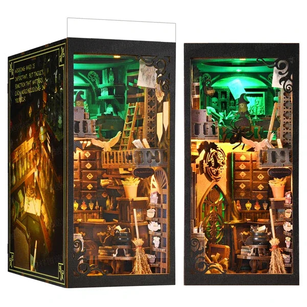 Book Nook Kit,DIY Miniature Dollhouse Booknook Kit,3D Wooden Puzzle Bookend Bookshelf Insert Decor LED Light for Teens Adults