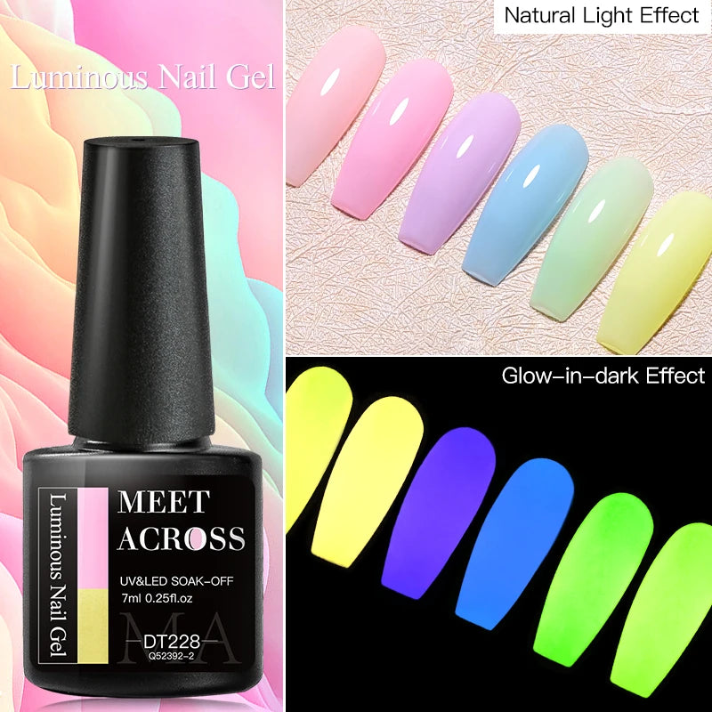 MEET ACROSS 6pcs Candy Colors Luminous Gel Nail Polish Hot Pink Green Spring Summer Semi Permanent UV Gel Varnish Nail Art