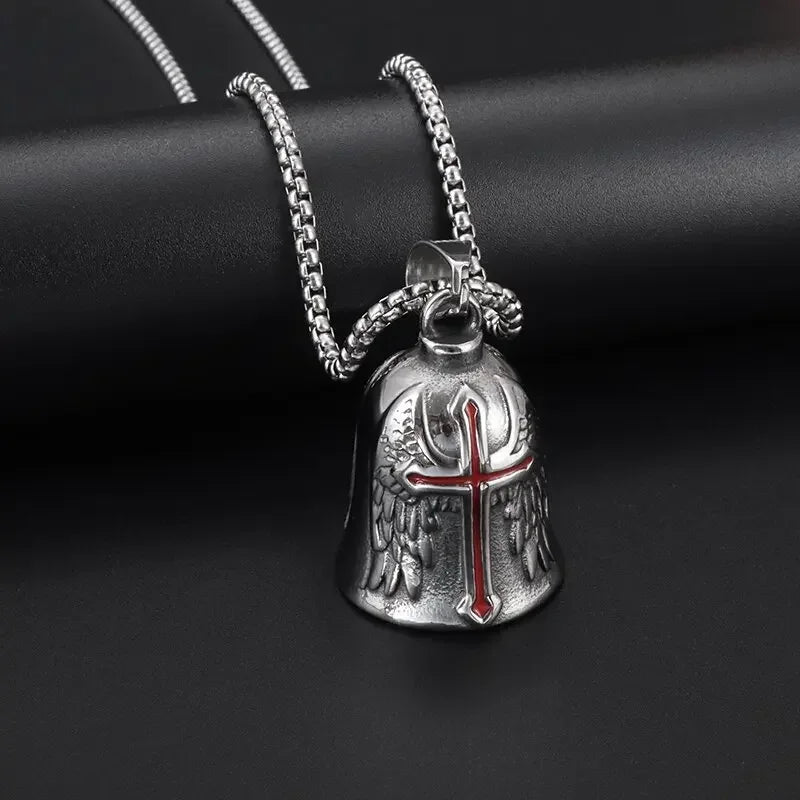 Biker Bell Carved Red Cross Wings Pendant Motorcycle Riding Bell Necklace Personality Men\'s Lucky Amulet Jewelry Wholesale