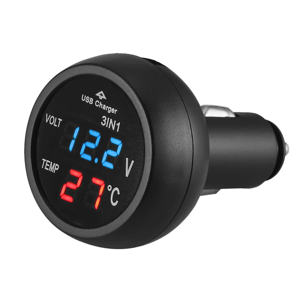 3 in 1 12/24V Car Auto LED Digital Voltmeter Gauge Thermometer USB Charger Monitor Display Charging for Phone Tablet GPS