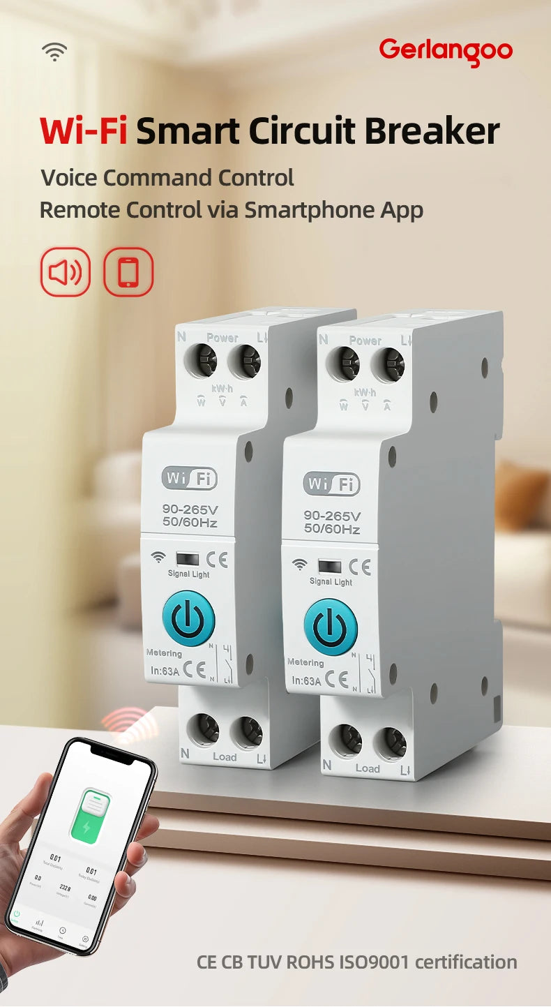 Tuya WiFi Smart Circuit Breaker MCB 1P+N 63A Timer Power Energy kWh Voltage Current Meter Protector Voice Remote Control Switch