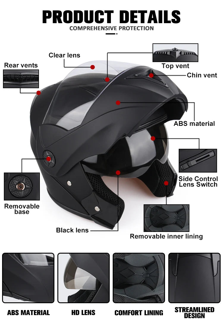 New Modular Motorcycle helmet full face racing with Double sun visor Women man flip up helmet Double lens DOT