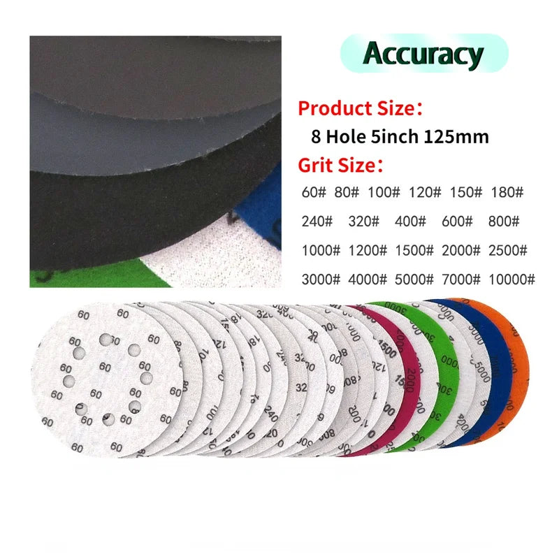 60-10000 grit Round Shape Sanding Discs Hook Loop Sanding Paper Buffing Sheet Sandpaper 5inch Sandpaper 125mm 8 Hole Sander Pad