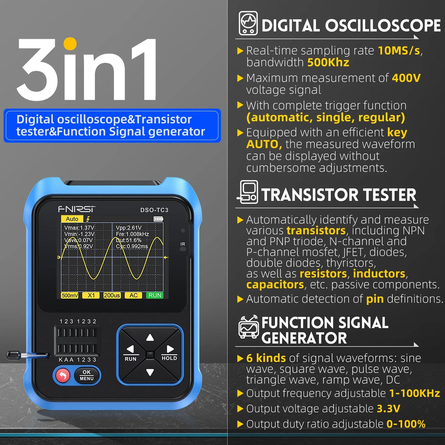 FNIRSI DSO-TC3 Digital Oscilloscope Transistor Tester Signal Generator 3 in1 500Khz 10MSa/s Capacitor Resistor Diode 100K output