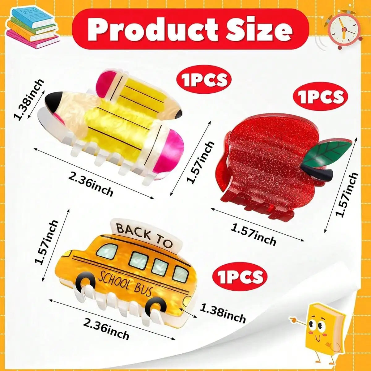 1pc Cartoon Cute Acrylic Cartoon Back to School School Bus, Pencil, Apple, and Calculator Style Hair Clip, Acrylic Hair Claw