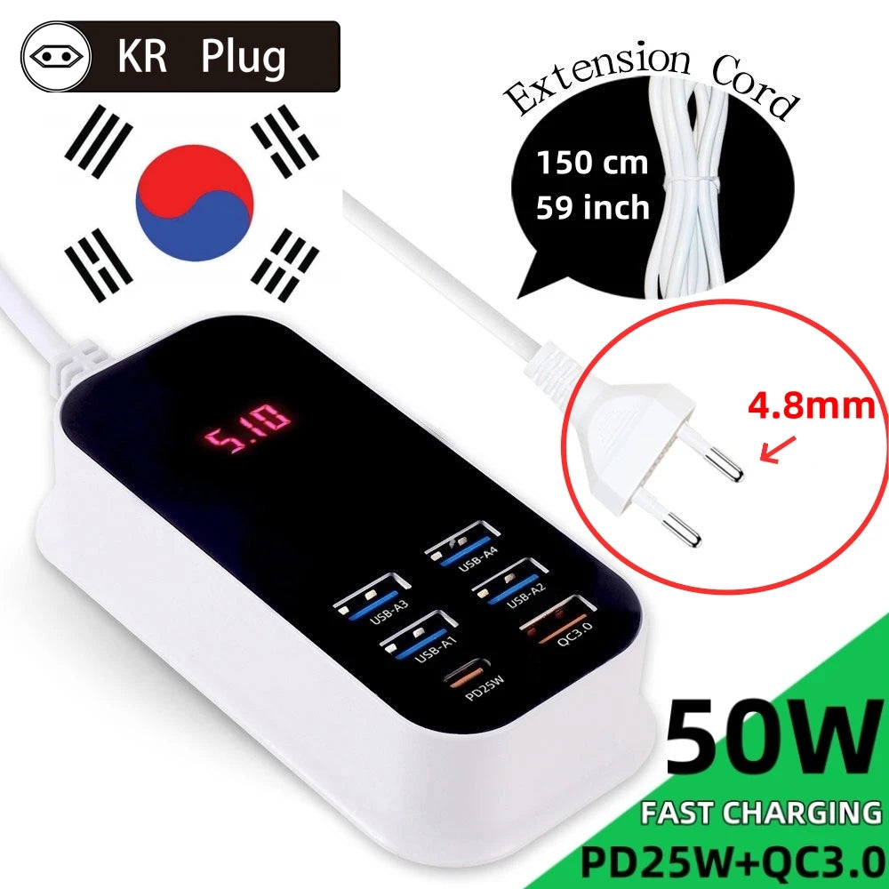 Real 50W 6-Ports USB Quick Charger PD QC 3.0 Fast Charging Display Type-C EU UK US 1.5M Desktop Power Adapter For Iphone Samsung