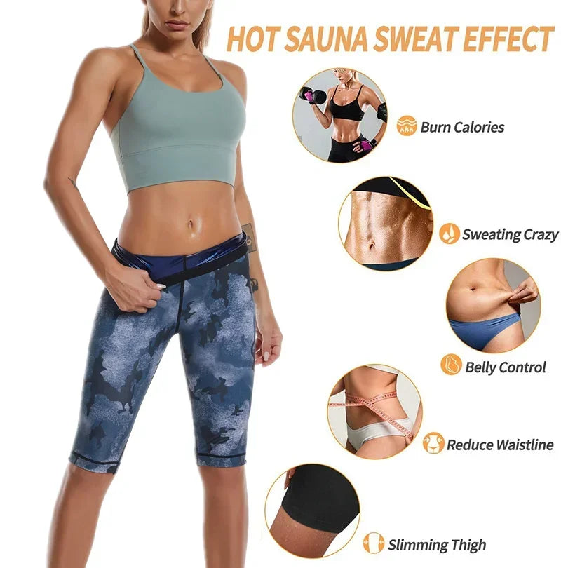 Women Sauna Sweat Pants Shapewear Camouflage Shorts Tummy Control Leggings Workout Pants Weight Loss Body Shaper Fitness Short