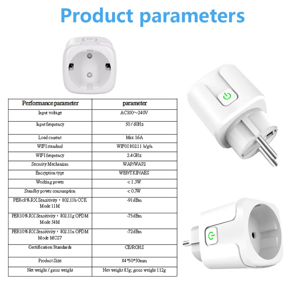 Tuya Smart Home Socket WiFi 20A EU Plug Outlet Remote Control Timer Power Monitor Support Voice Google Home Alexa