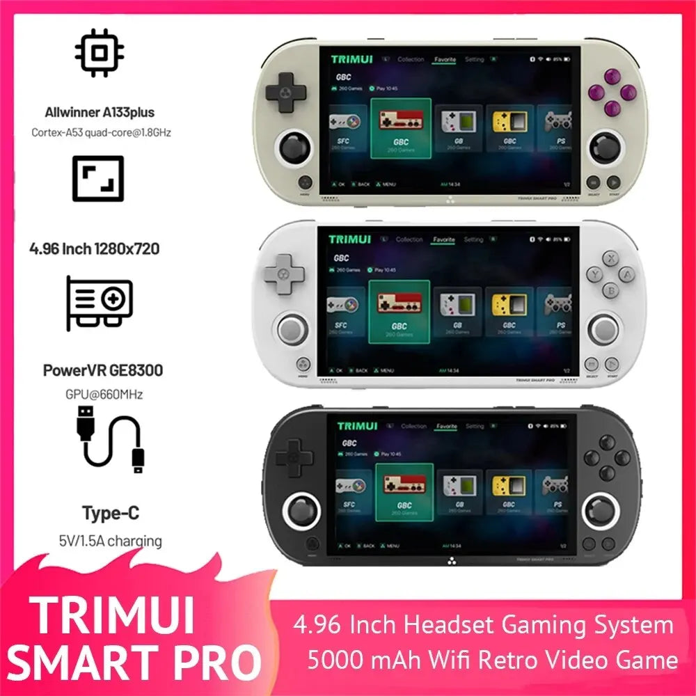 Trimui Smart Pro Vintage Handheld Game Console Wireless Handheld Gamer Console Retro Arcade 4.96 Inch HD IPS Screen Game Console