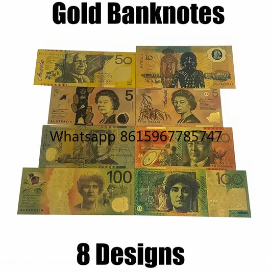 8 Designs  Australia 100 Dollar Gold Banknote Plated Colorful AUD100 Dollar Gold Foil Banknote Currency Collection