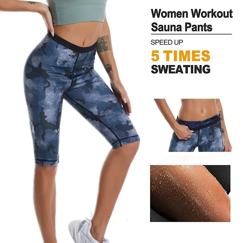 Women Sauna Sweat Pants Shapewear Camouflage Shorts Tummy Control Leggings Workout Pants Weight Loss Body Shaper Fitness Short