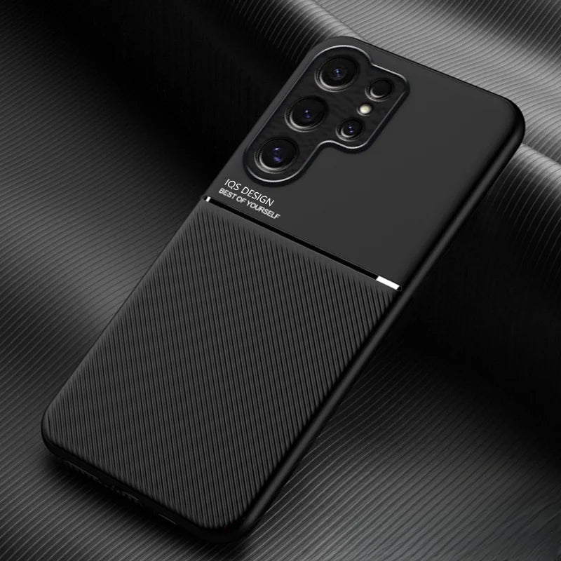 Car Magnetic Holder Leather Plate Phone Case for Samsung Galaxy S25 S22 S23 S24 Ultra Plus Edge S21 S20 FE 5G Soft Back Cover