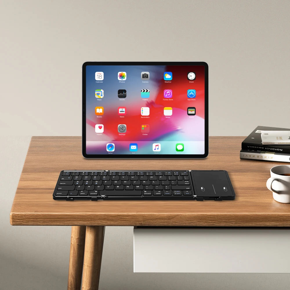 AVATTO Brazil/English/Russia Wireless Folding Keyboard with Touchpad Rechargeable Foldable Bluetooth Keyboard for Tablet Ipad