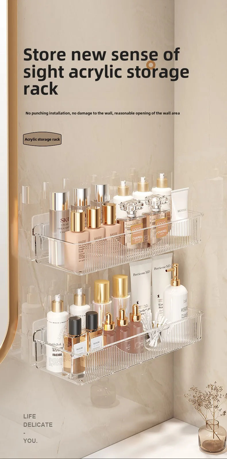 Wall mounted cosmetic and skincare storage rack for bathroom no need for drilling Multi functional kitchebathroom storage rackra