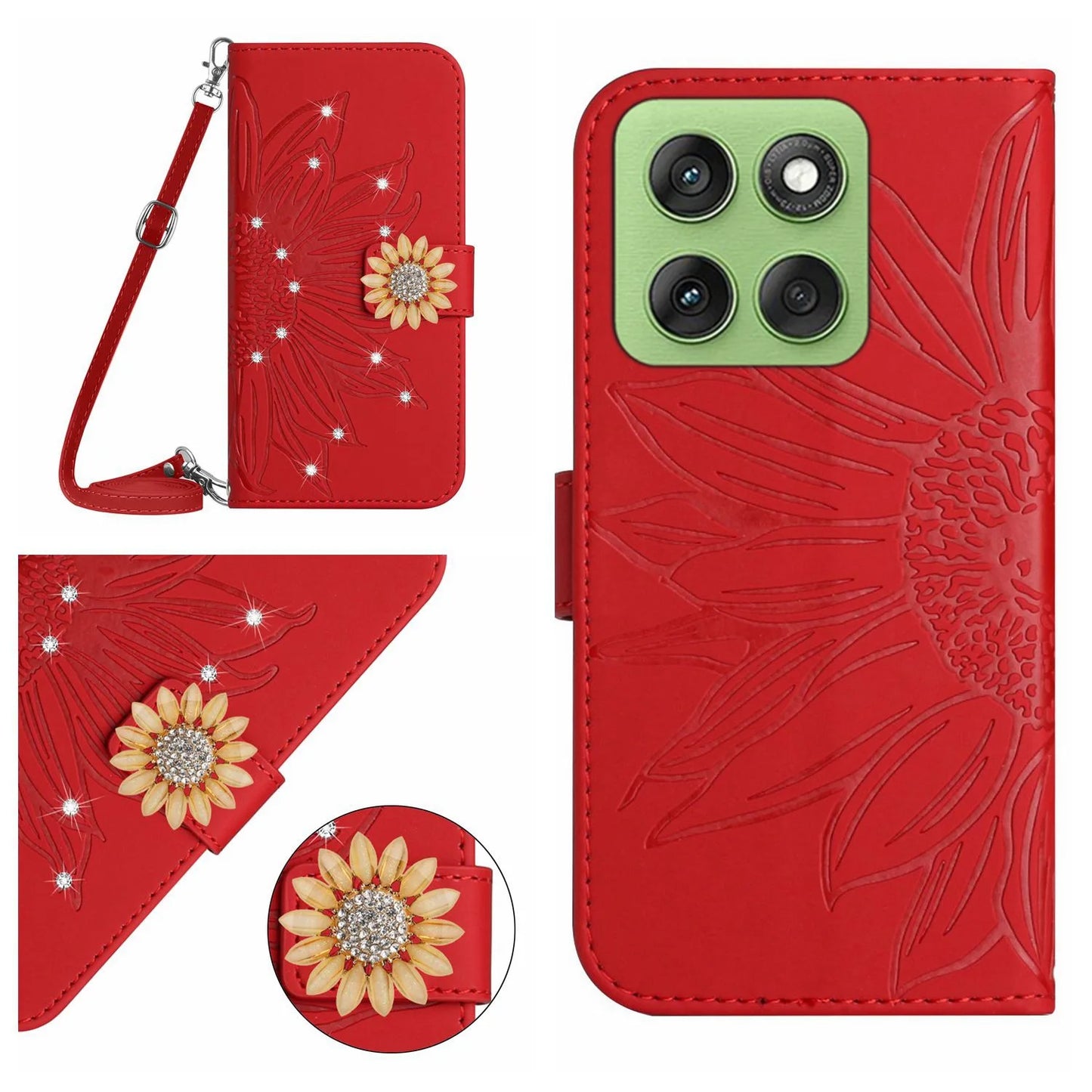 Sunflower Crossbody Wallet Book Case For VIVO V60 V50 V40 V27 V25 V23 V21 V20 T2 T1 Leather Lanyard 3 Cards Anti Drop Flip Cover