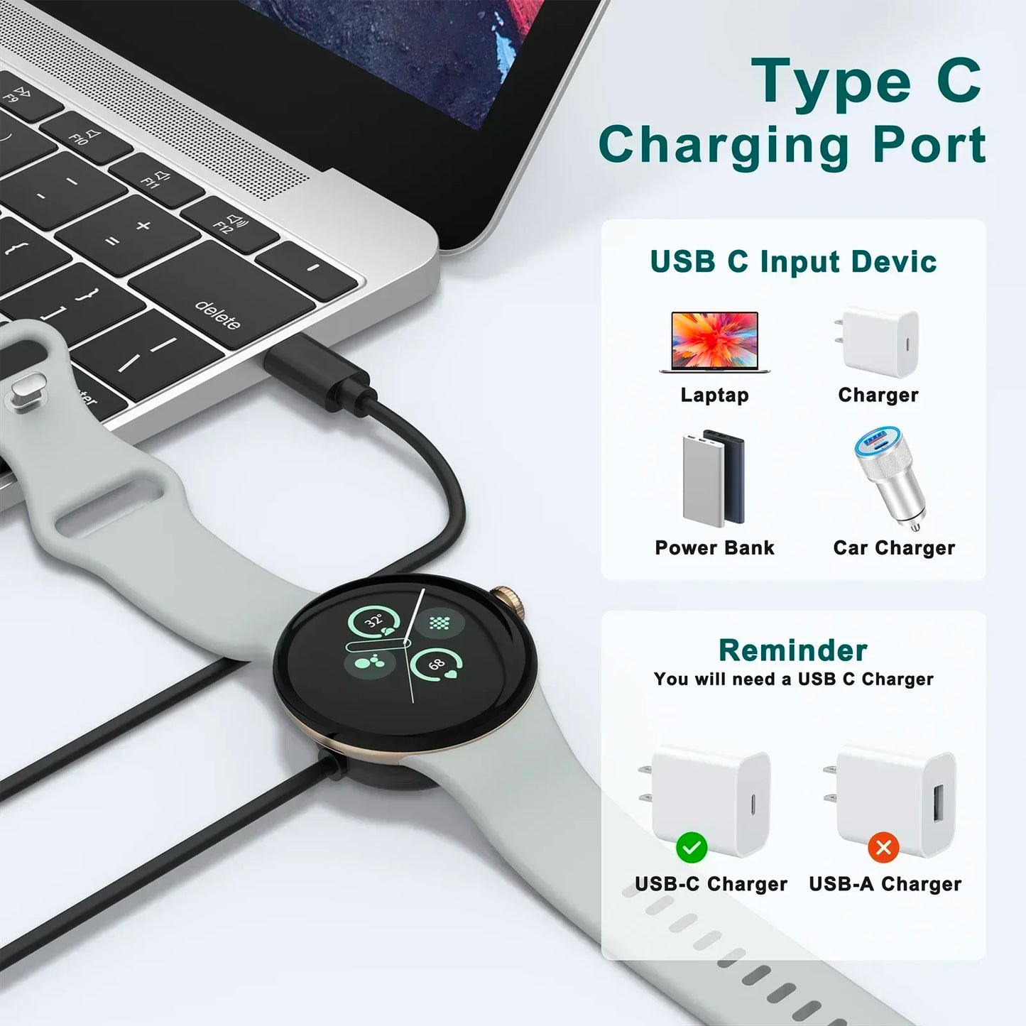 For Google Pixel Watch 1 USB-C Charger Smartwatch Charger Cable Fast Charger Replacement Charger 1 Meter