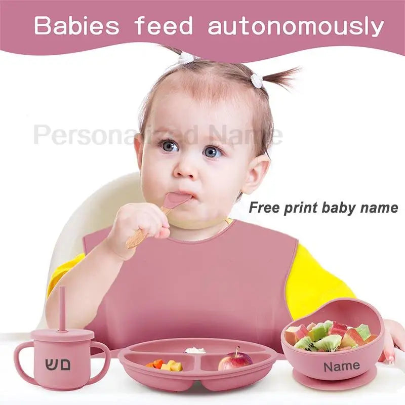 8Pcs Baby Silicone Feeding Set Round Dining Plate Sucker Bowl Dishes For Kids Personalized Name Children's Tableware Straw Cup