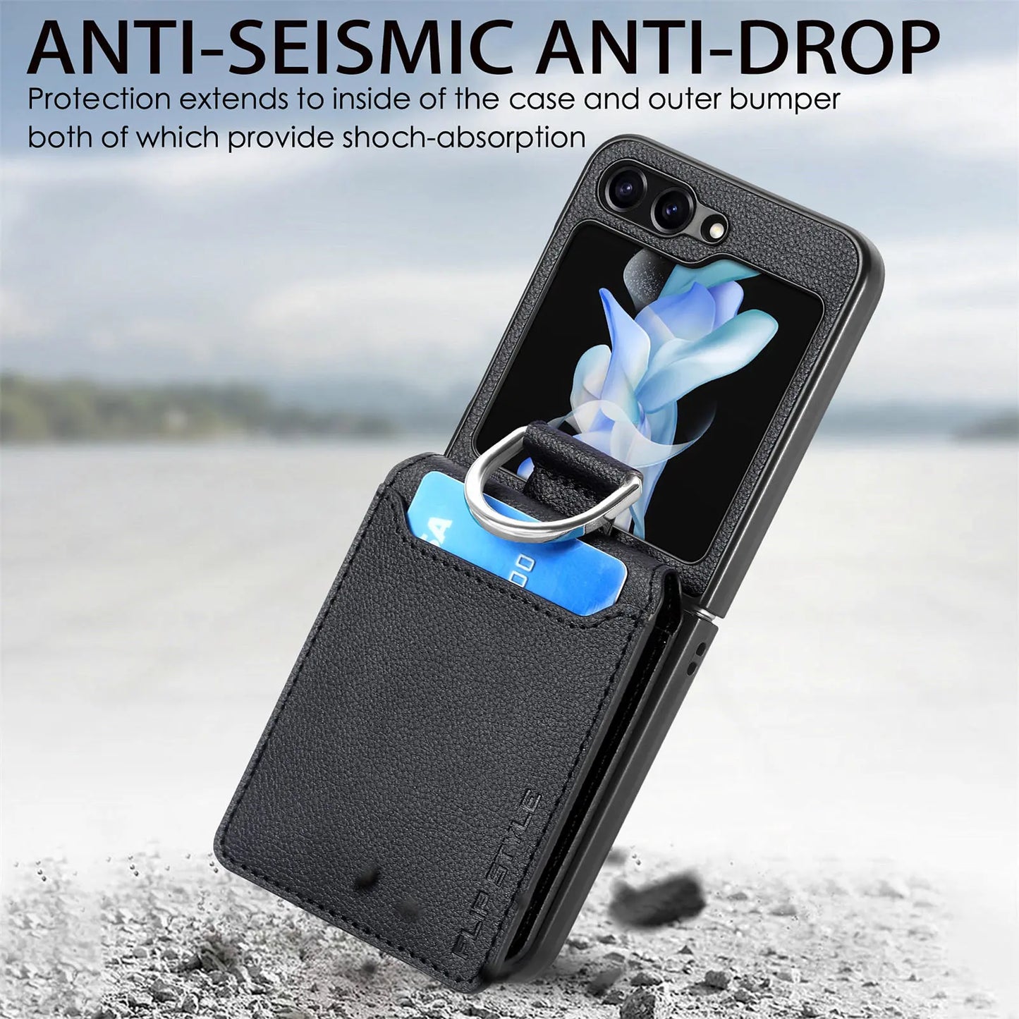 Wallet Phone Case for Samsung Galaxy Z Flip 7 FE 6 5 4 3 Flip7 Flip6 Luxury Leather Ring Women Back Cover with Card Holder LSJG