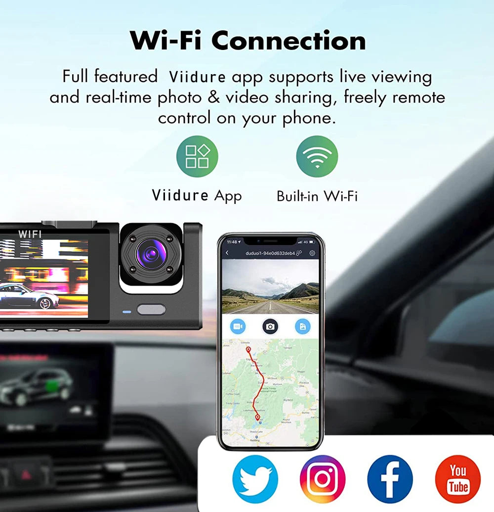 WiFi 3 Channel Dash Cam Three Way Car DVR Inside Vehicle Camera Recorder HD1080P Video Mini Registrator Cabin Dashcam Camcorder