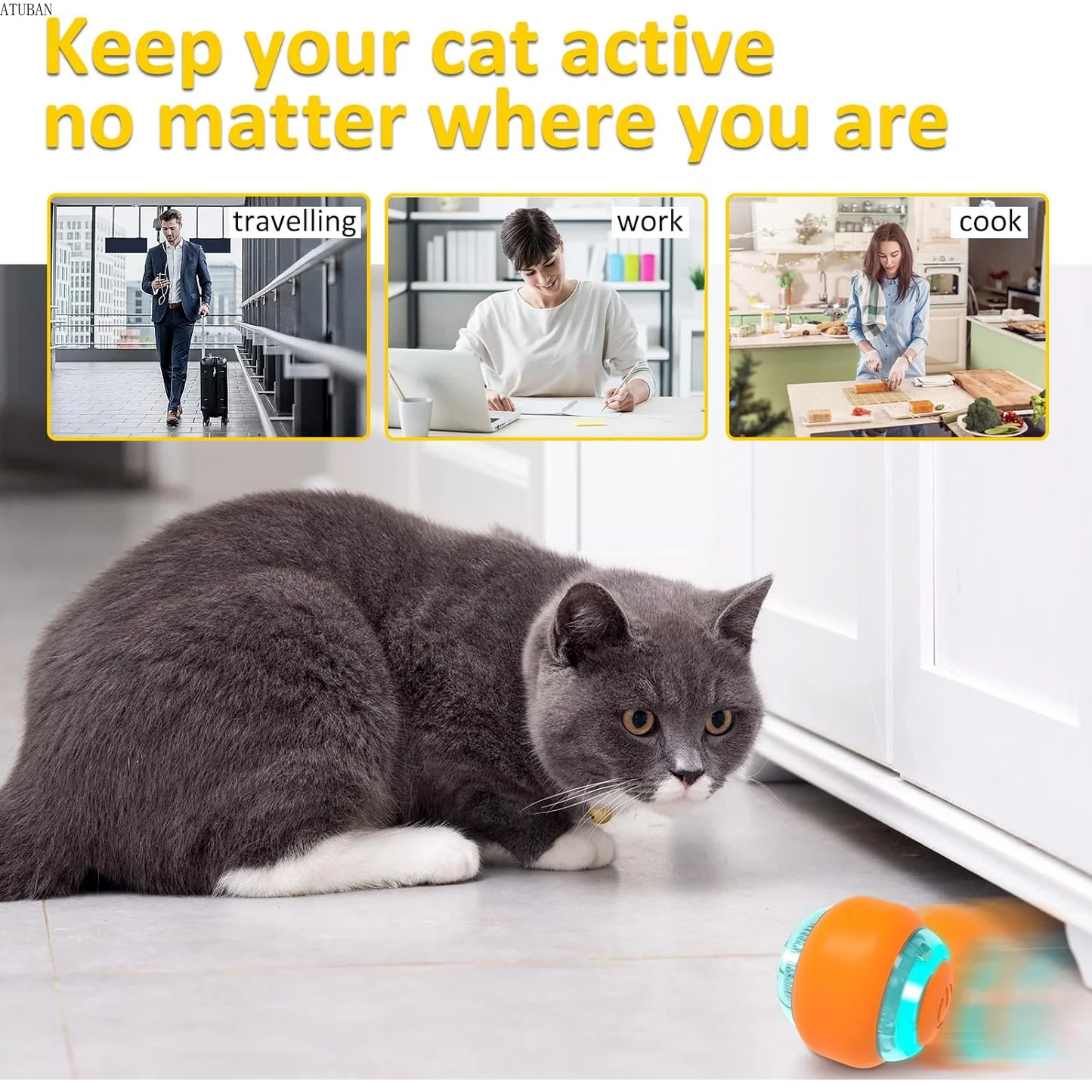 ATUBAN Moving Cat Toy Ball,Motion Activated Cat Toy for Indoor Cat,Interactive Cat Ball,Smart Cat Toy for Exercise Entertainment