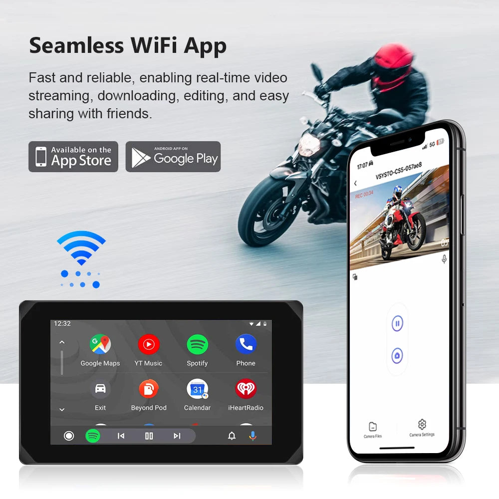 VSYS Carplay Android Auto Motorcycle Dash Cam 5.0'' Touchscreen with Dual 1080P Waterproof Cameras TPMS Parking Mode WiFi App