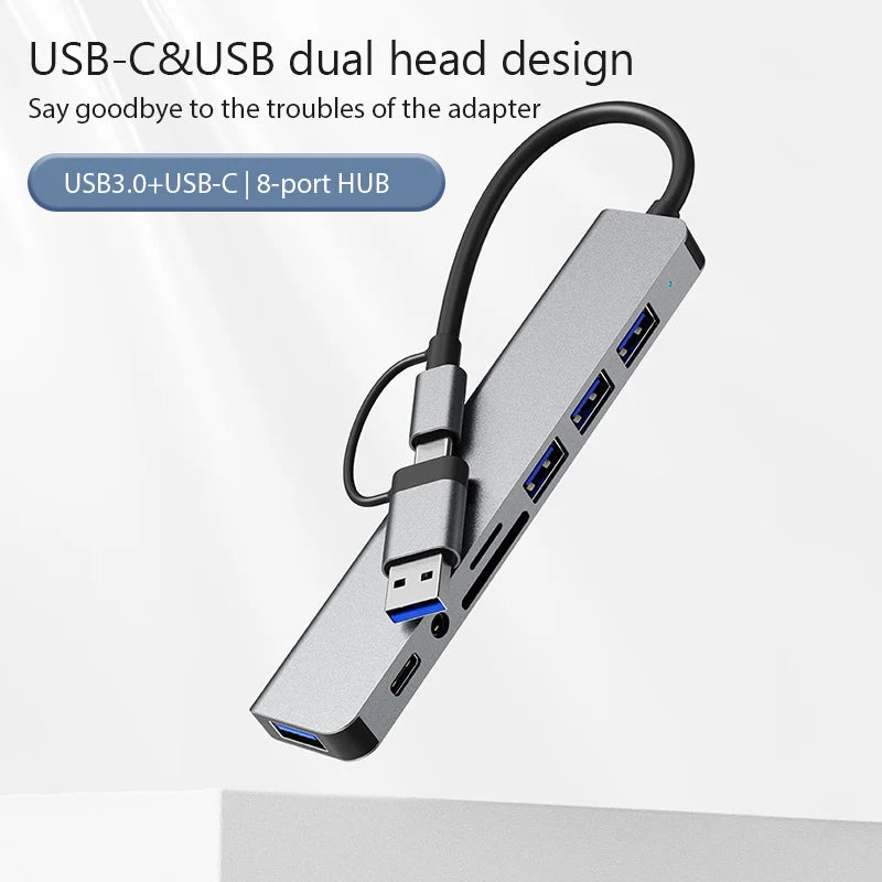 8 In 2 USB HUB With Splitter Card Reader, USB C Port, USB 3.0, SD/TF Splitter Card Reader, Docking Station