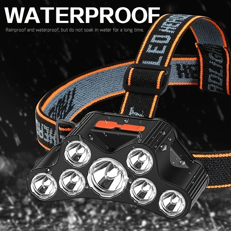 7 LED Powerful Headlamp Super Bright USB Rechargeable High Power LED Flashlights 4-Mode Torch Waterproof Outdoor Camping Fishing