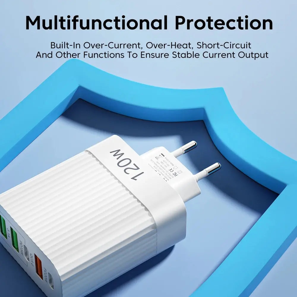 Total 120W USB Charger Quick Charge Multi Ports Fast Charging Phone Charger For iPhone Samsung Xiaomi Huawei Type C Wall Charger