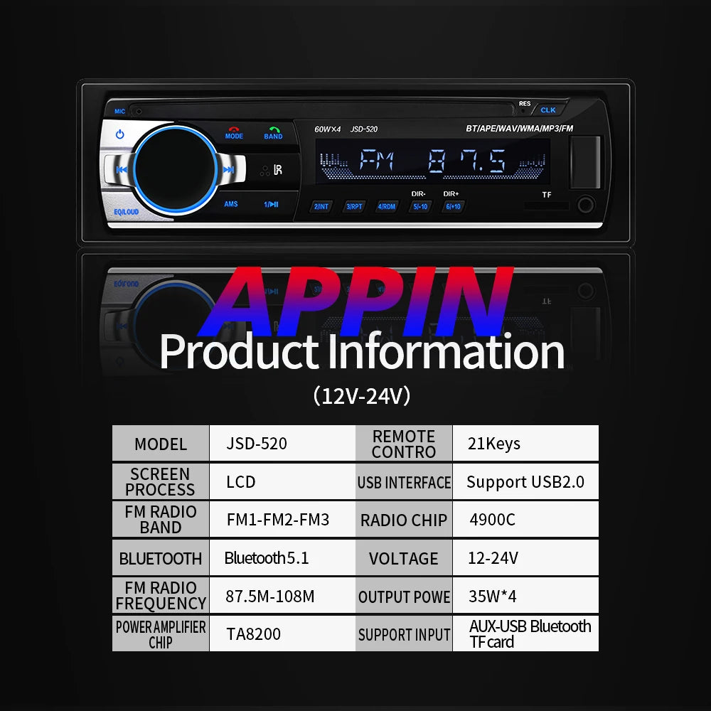 (Factory Direct Sales) Car Mp3 Player Stereo 60W*4 12v/24v Car Truck Usb/Tf/Fm/Aux Bluetooth Audio Radio