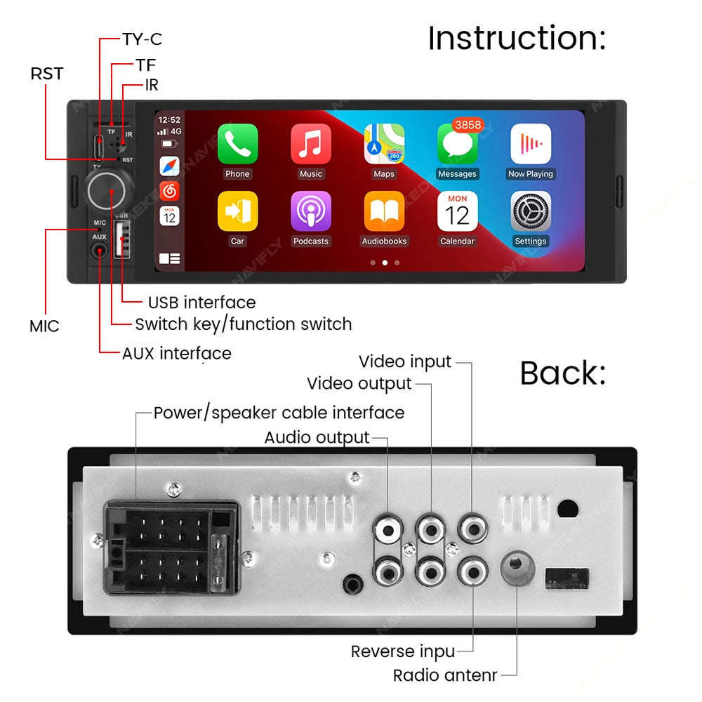 NaviFly 6.86" Wireless CarPlay Android Auto Universal 1 Din Car Radio Multimedia Video MP5 Player FM Stereo Receiver Camera BT