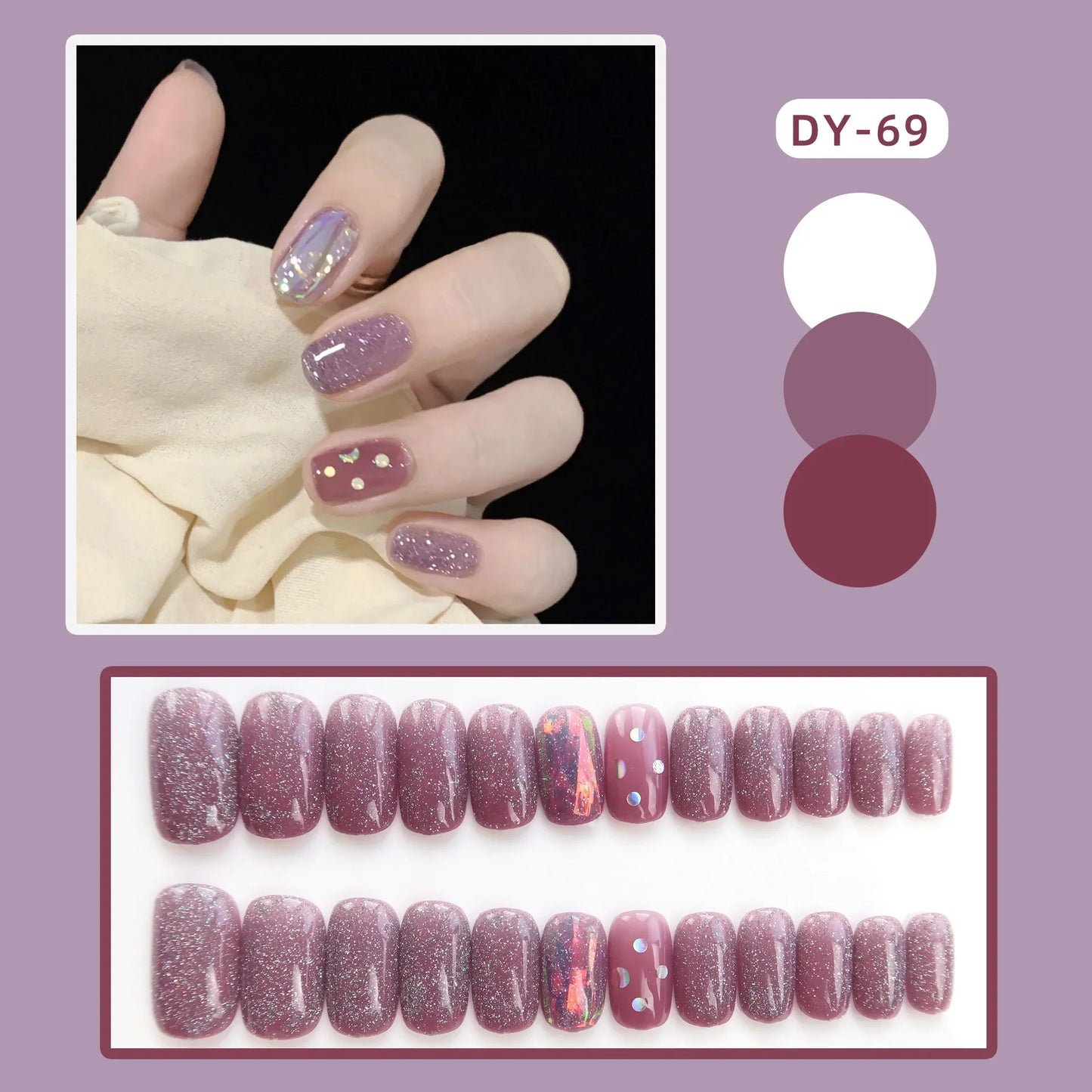 24Pcs Short Square Head False Nails Wearable Cat eye Glitter Sequins Diamond Fake Nails Full Cover Nail Tips Press On Nails