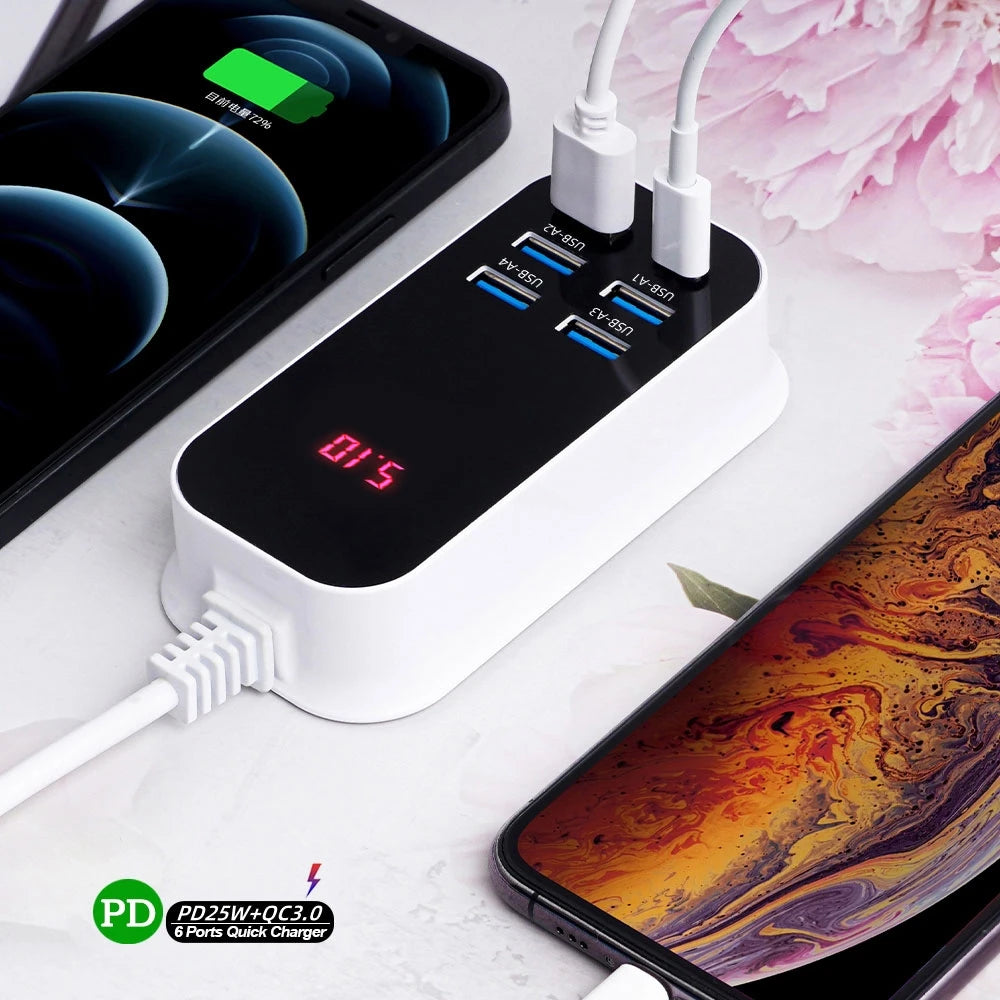 Real 50W 6-Ports USB Quick Charger PD QC 3.0 Fast Charging Display Type-C EU UK US 1.5M Desktop Power Adapter For Iphone Samsung