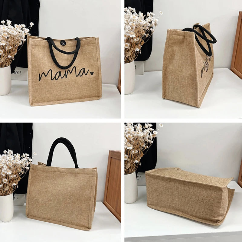 Women Large Capacity Tote Bag Mama Letter Printing Casual Fashion Linen Handbag Shopping Shoulder Bag Mother’s Day Gifts for Mom