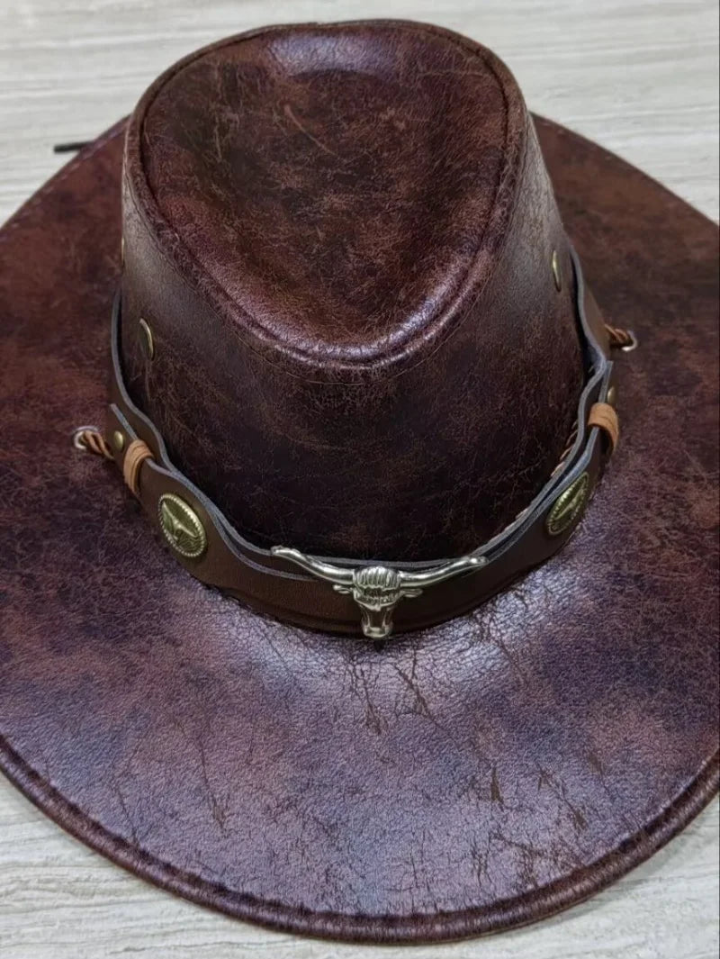 Faux Leather Western Cowboy Hats For Women Men Vintage Gentleman Dress Hats Panama Cowgirl Jazz Cap Sombrero Hombre