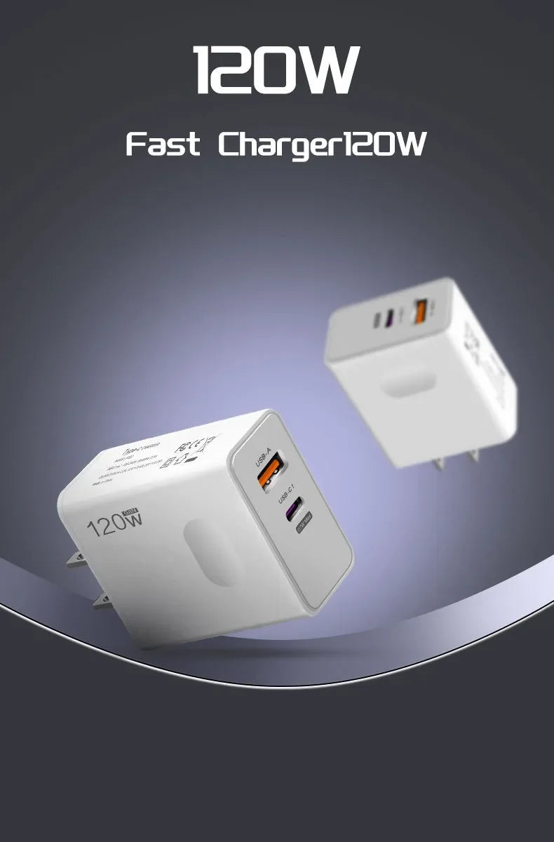 Total 120W USB Type C Fast Charging Charger PD Mobile Phone Quick Charge Wall Adapter for iPhone 15 Xiaomi Samsung GaN Charger