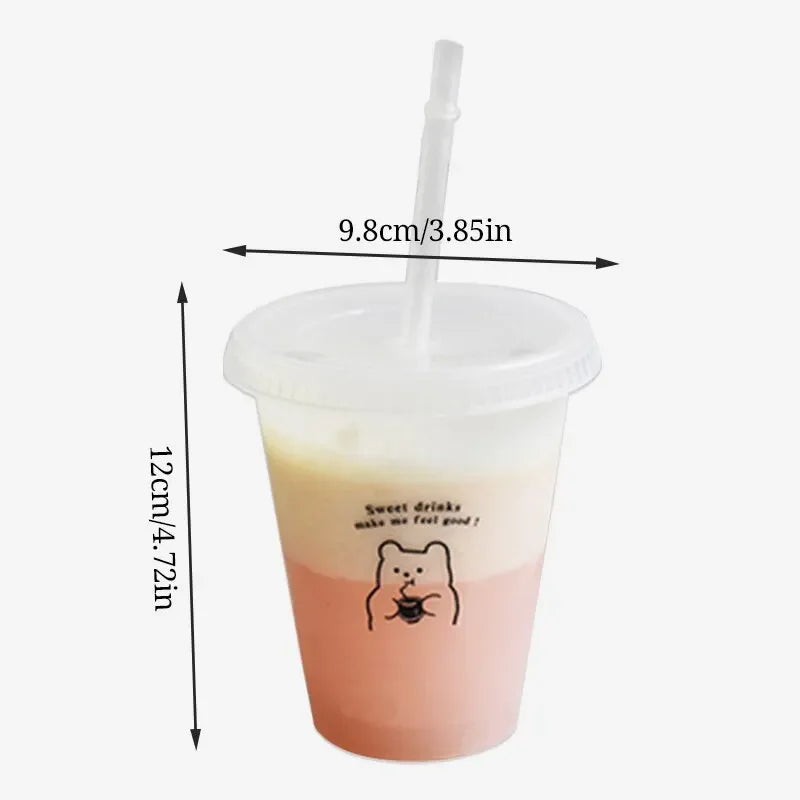 Cartoon Bear Pattern Large Capacity Plastic Straw Cup Handheld Beverage Cup Suitable For Coffee Milk Tea