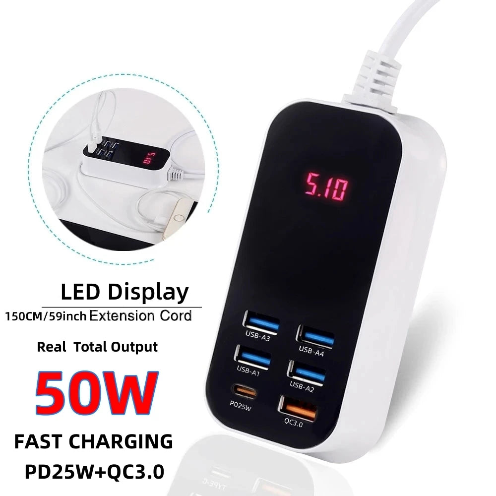 Real 50W 6-Ports USB Quick Charger PD QC 3.0 Fast Charging Display Type-C EU UK US 1.5M Desktop Power Adapter For Iphone Samsung