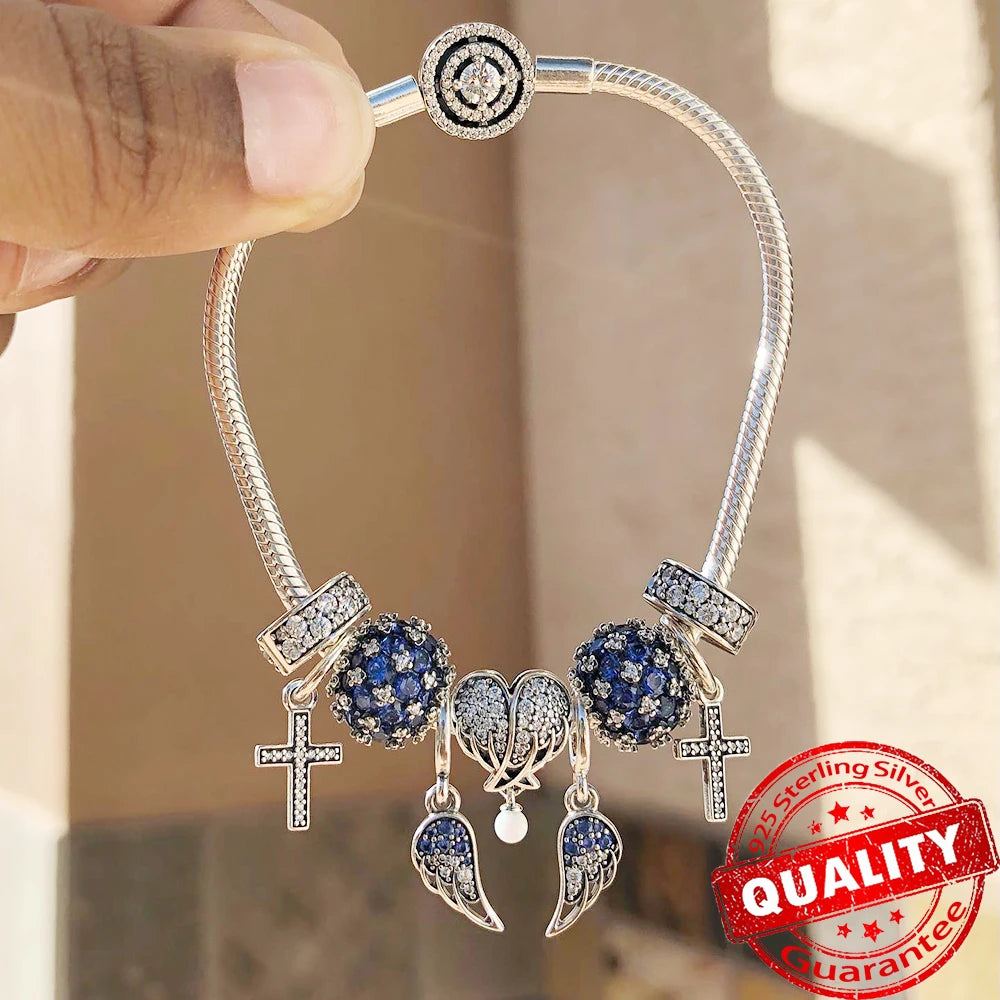 Sparkling 925 Sterling Silver Pavé Round Pink Charm Fit Original Bracelet Blue Charm Beads Women Necklace Fine Jewelry Gift