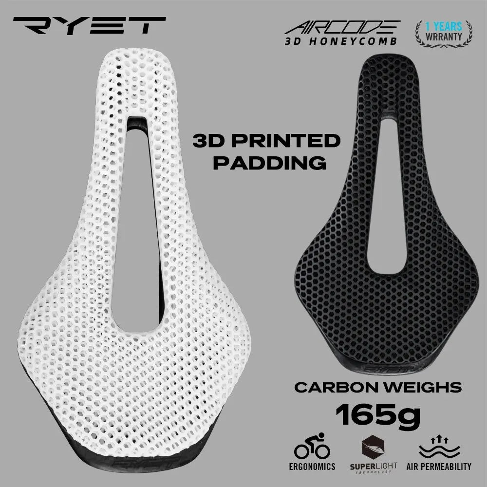 RYET 3D Printed Bike Saddle Ultralight Carbon Fiber Hollow Comfortable Breathable MTB Gravel Road Bicycle Cycling Seating Parts