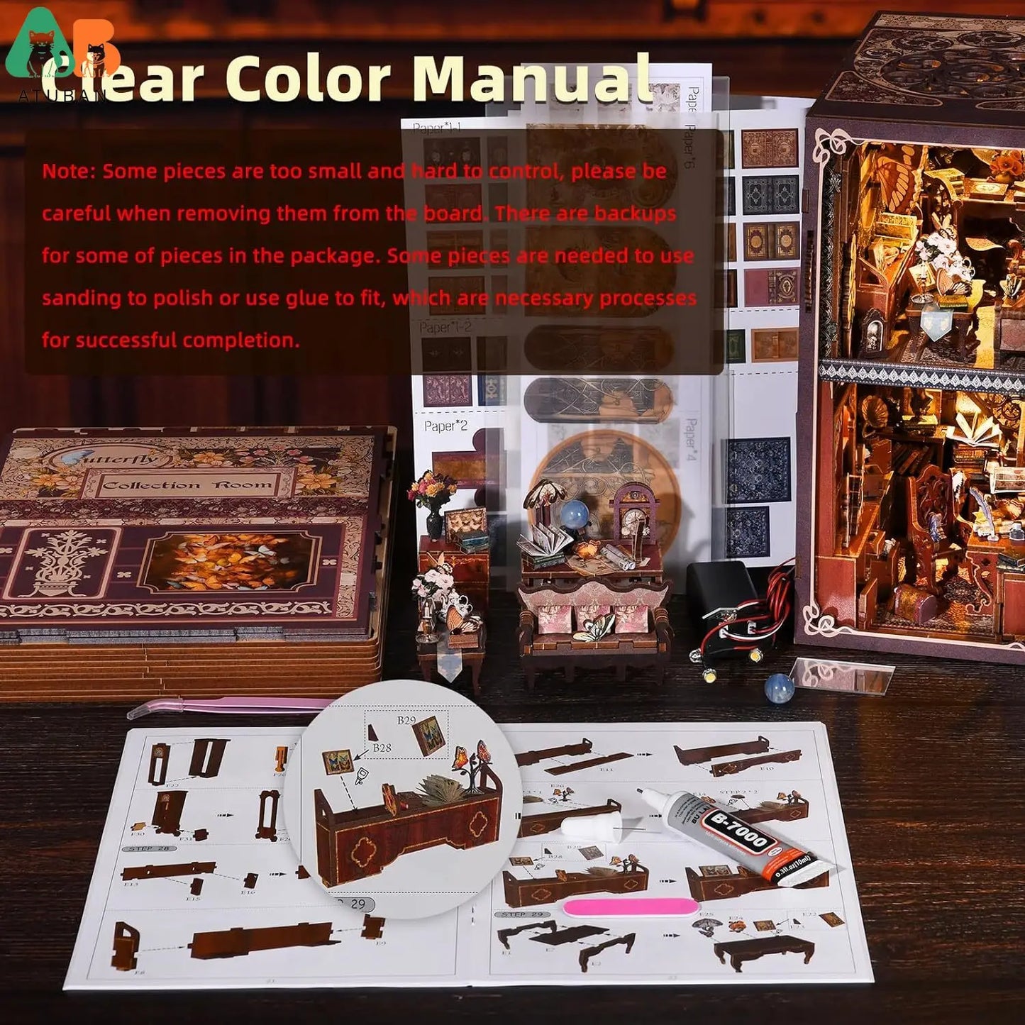 ATUBAN DIY Book Nook Kit, 3D Wooden Puzzle Miniature Dollhouse, Booknook Kit Bookend Bookshelf Insert Decor with LED Light
