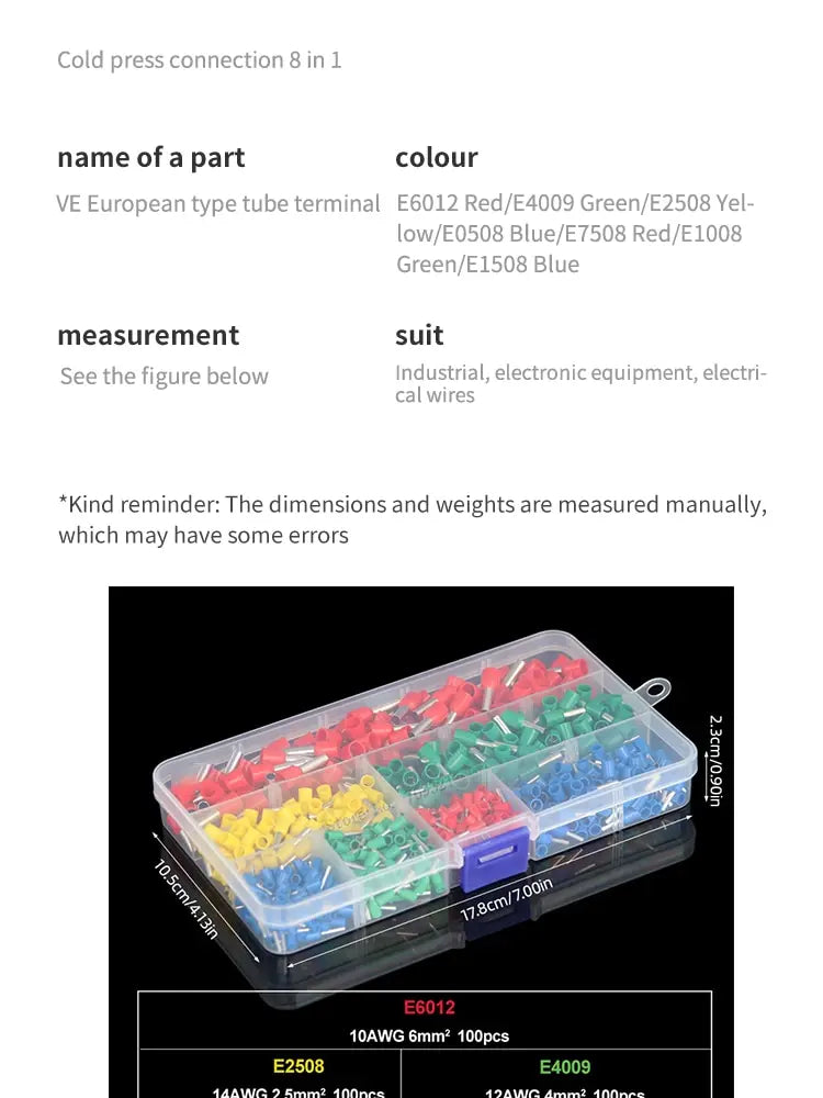 700pcs European Type Tube Terminals Wire Connector Crimper Cable Electrical Pressure Connection Ring Cold Crimp Terminals