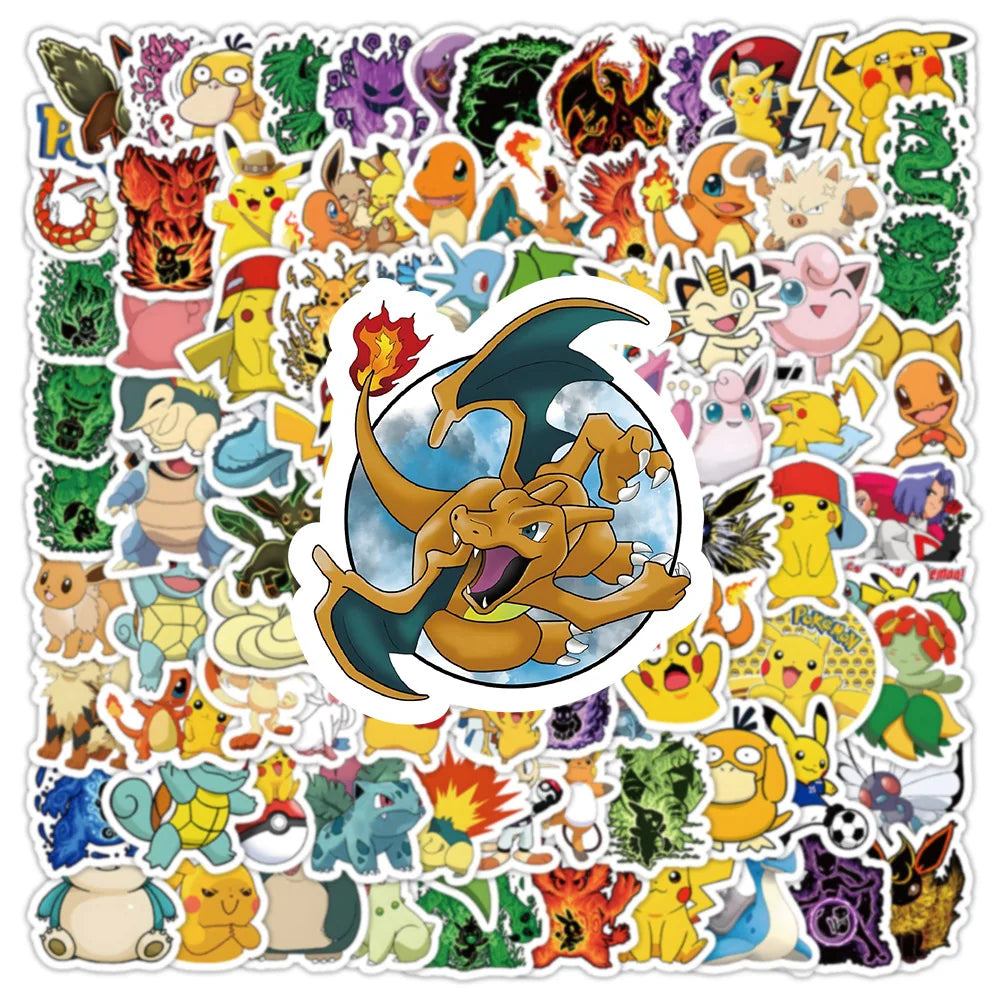 100PCS Kawaii Pikachu Anime Pokemon Stickers for Laptop Suitcase Skateboard Guitar Phone Cartoon Sticker Kid Gift Toys