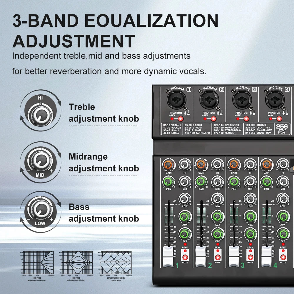 LEUS AU4 Channel 256 DSP Effect Audio Mixer Record PC 48V Phantom Power USB Sound Mixers Bluetooth DJ Console Mixing for Karaok