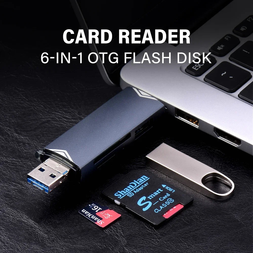 JASTER 6 In 1 Multifunction USB 3.0 Card Reader U Disk TYPE-C/Usb/Tf/Sd Flash Drive Memory Card for Adapter Phone Laptop Compute