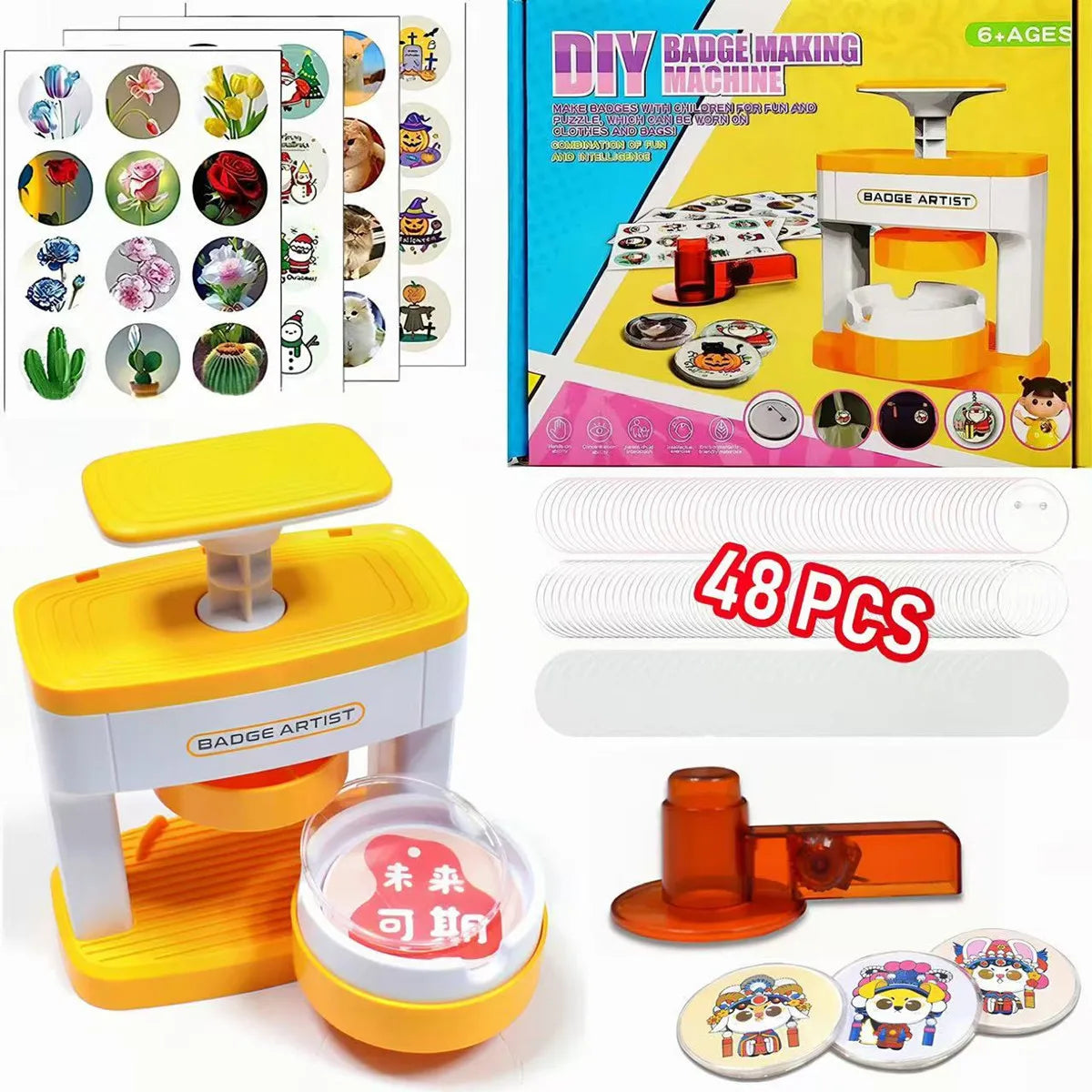 Kid Gift Badge Button Maker Machine Set, DIY Pin Button Press Badges Maker Machine with 48Pcs Button Parts+Picture+Circle Cutter