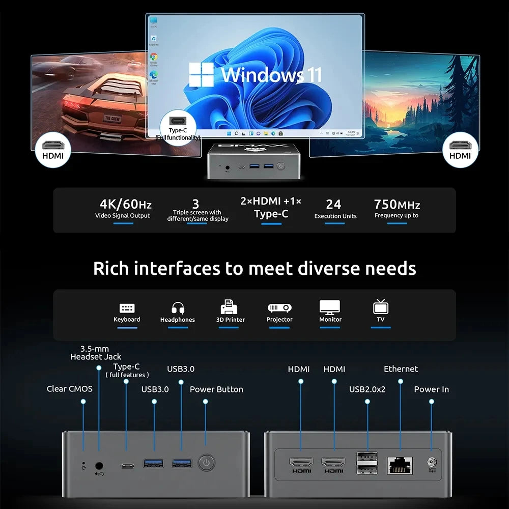 BMAX B4 Plus Mini PC Windows 11 PC Intel N100 16GB DDR4 512GB SSD 2*HDMI 1*Type-C Supports 4K@60Hz 750MHz Intel UHD Graphics